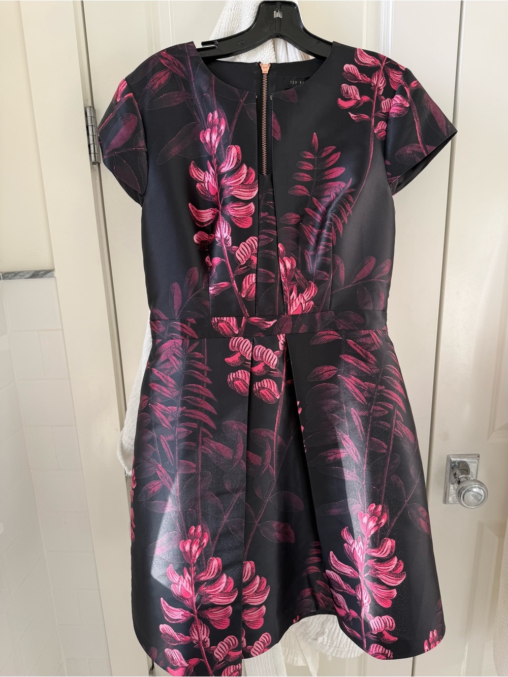 Ted Baker Jacquard Black Dress with Pink Botanical Print